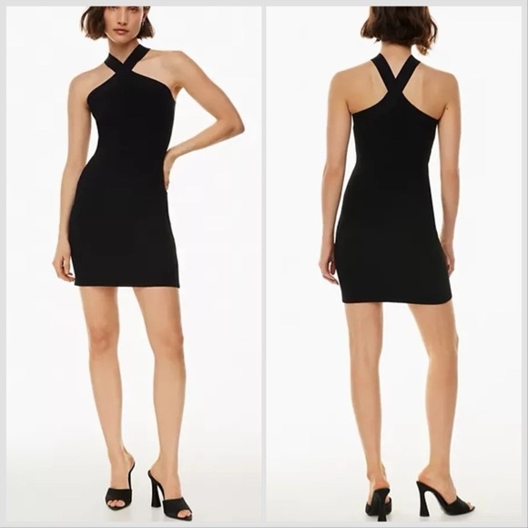 Aritiza Babaton Black Ribbed Sculpt Knit Criss Cross Halter Midi Dress Sz S - Picture 1 of 16